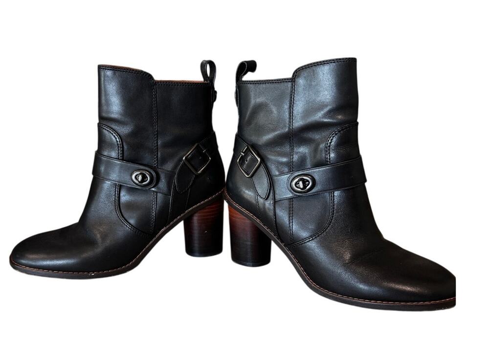Coach G1191 Moto Bootie Heel Womens 7.5 Black Leather Turnlock Ankle Boots
